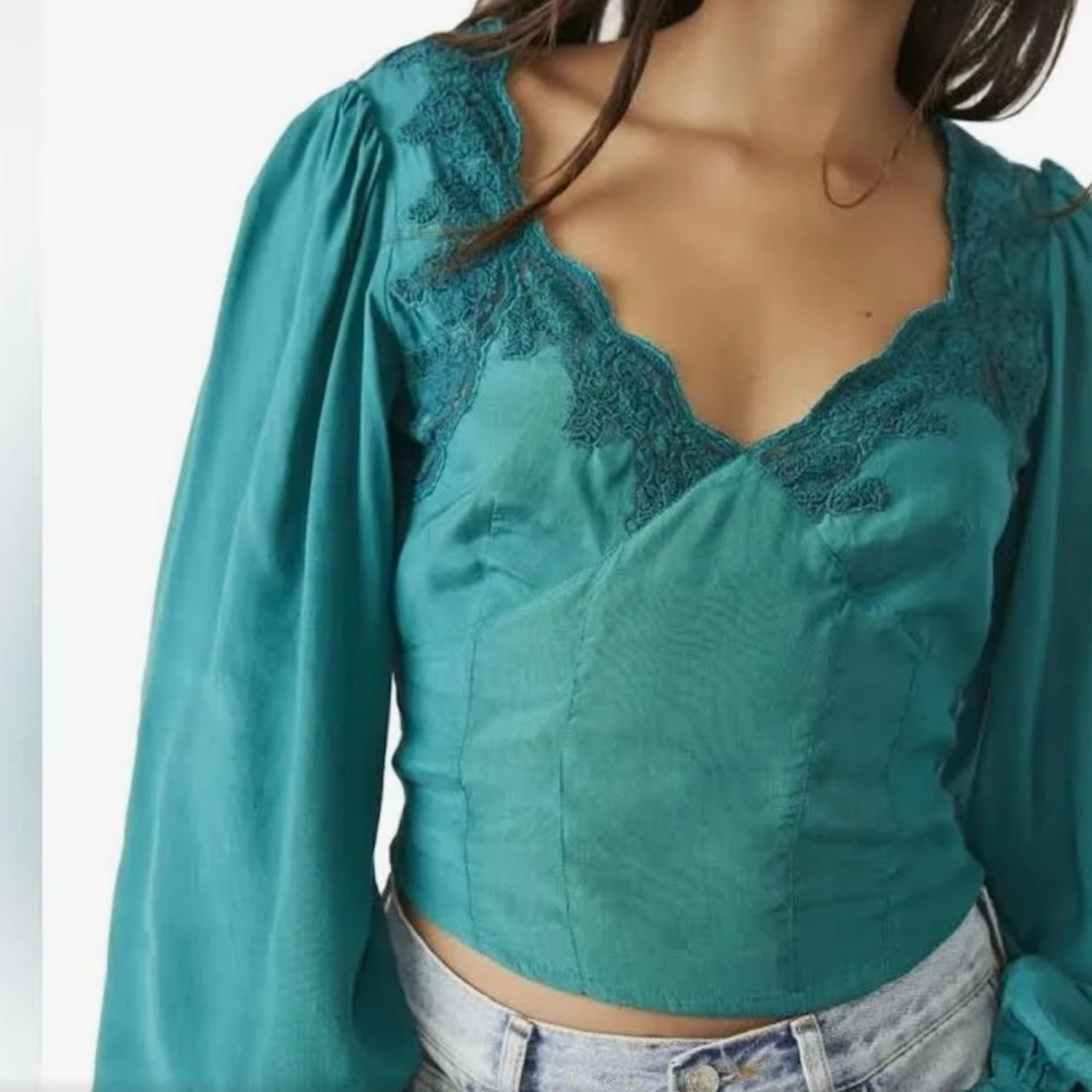 Free People Emerald Green V Neck Lace Top - Size XS